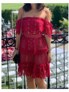 NWT Self-Portrait Guipure Lace Off-the-Shoulder Tiered Mini Dress Red 4